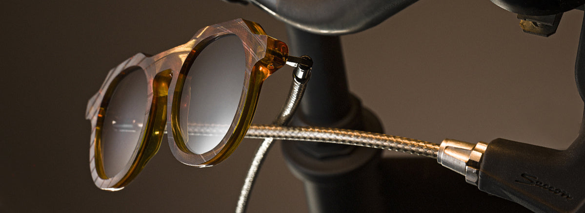 Handmade using upcycled bicycle brake bowdens to craft temples. Comfortable, durable, hypoallergenic and adjustable.