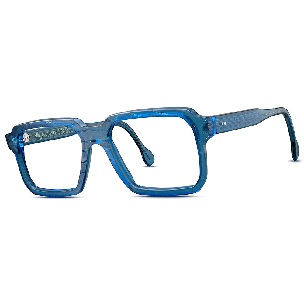 A pair of blue, square-framed eyeglasses with a record exterior design and a metallic hinge.