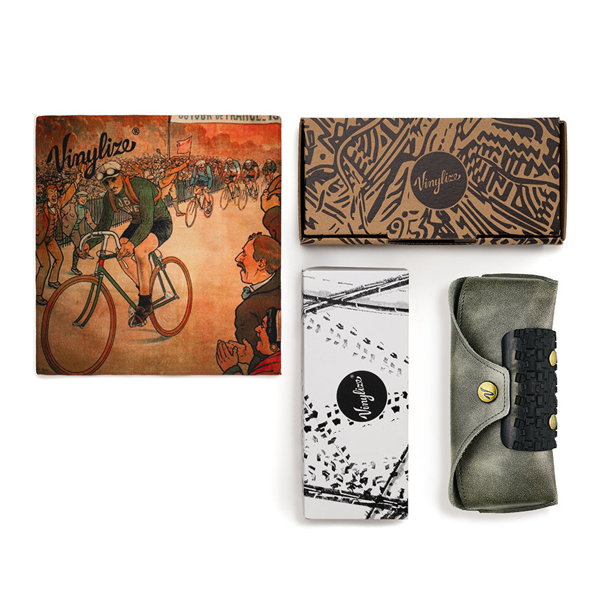 Collection of Vinylize products including a wallet, case, and packaging on a white background