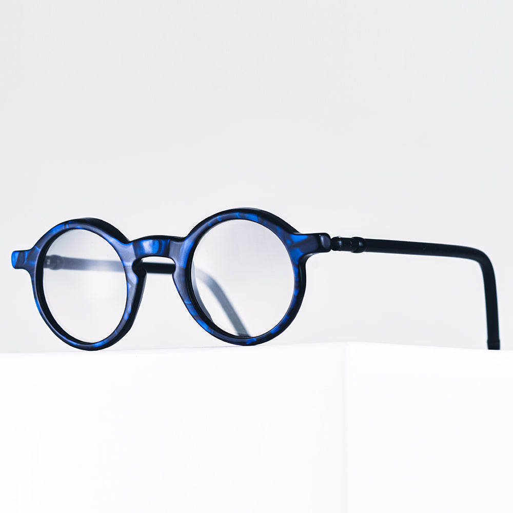 Round blue eyeglasses - The unisex Aimo features large lenses, and temples -Vinylize eyewear