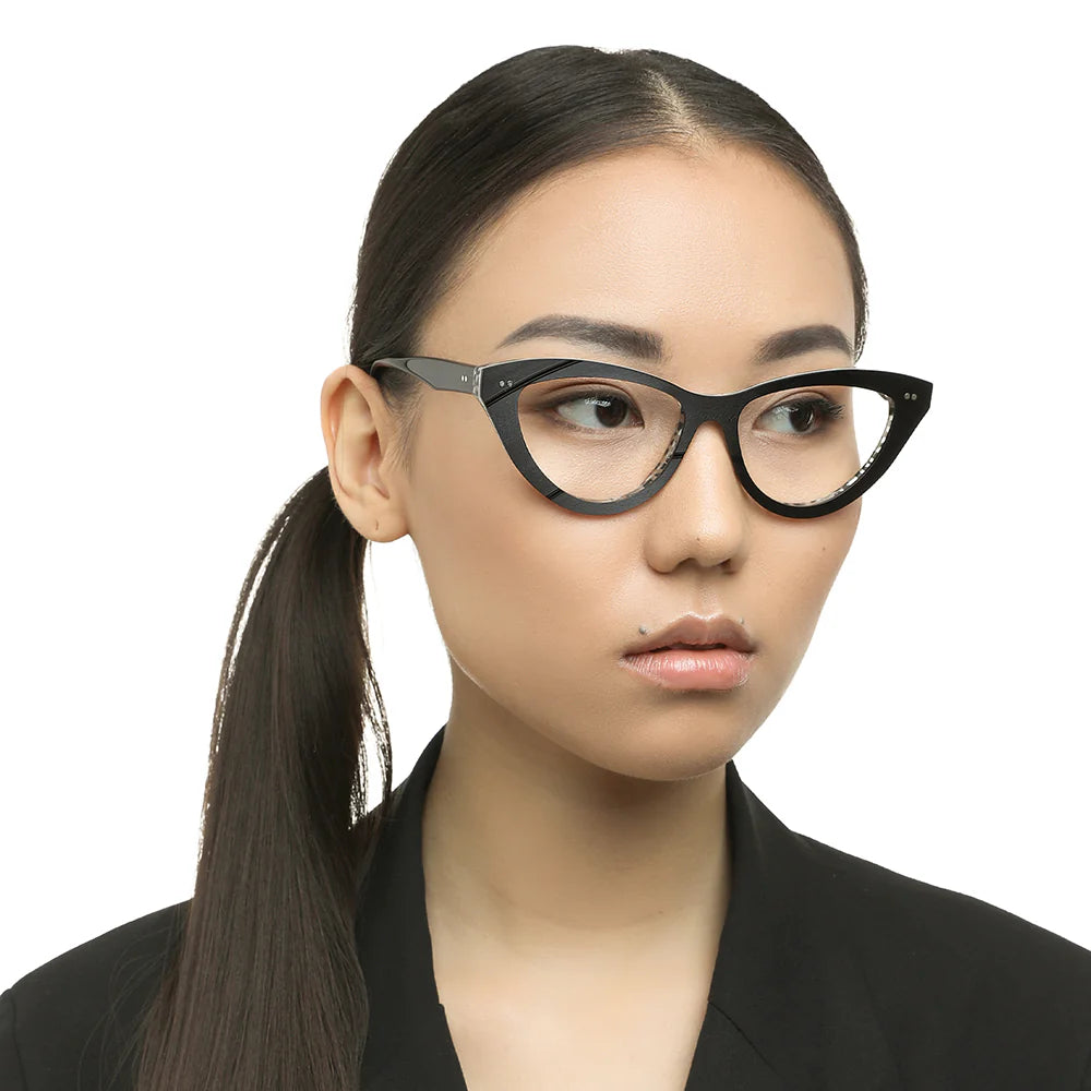 Black, medium-sized, full-frame metal eyeglasses.