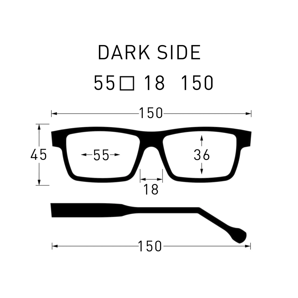 Illustration of a pair of glasses with dimensions labeled