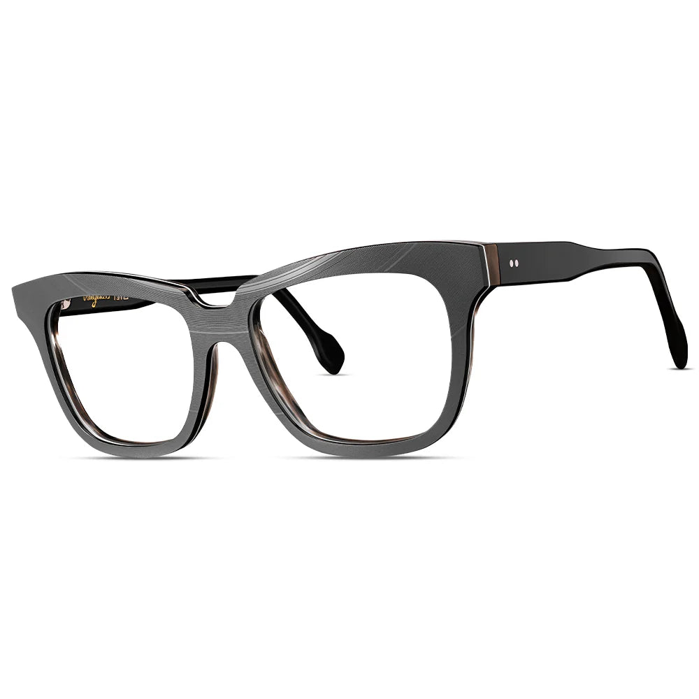 Eyeglasses with a grooved veneer pattern, predominantly in black color with metal hinges.