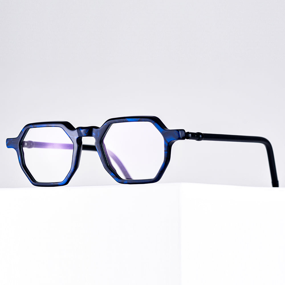 Franzt features octogonal lenses, and temples made from upcycled bicycle brake cables- Vinylize eyewear