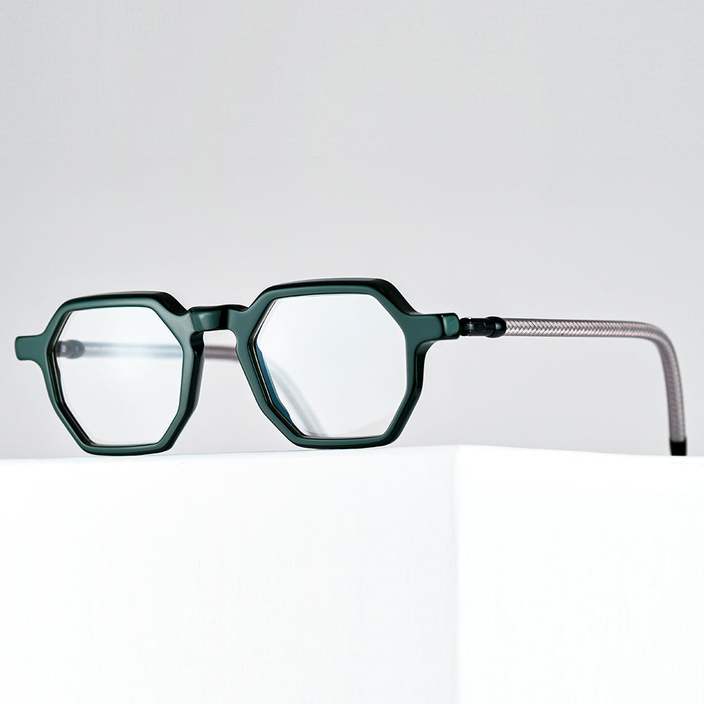 Octogonal lenses, and temples made from upcycled bicycle brake cables- Vinylize eyewear