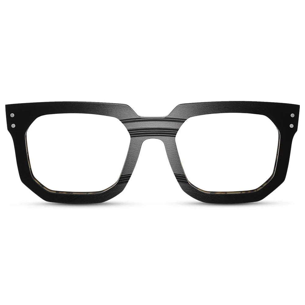 A pair of black, angular, square-shaped eyeglasses with a vinyl exterior 