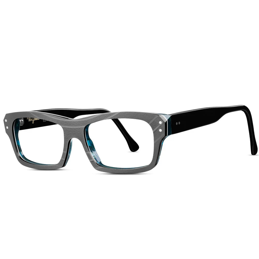 A pair of black Holly eyeglasses with a rectangular frame design, featuring a unique record exterior and Italian hinges.