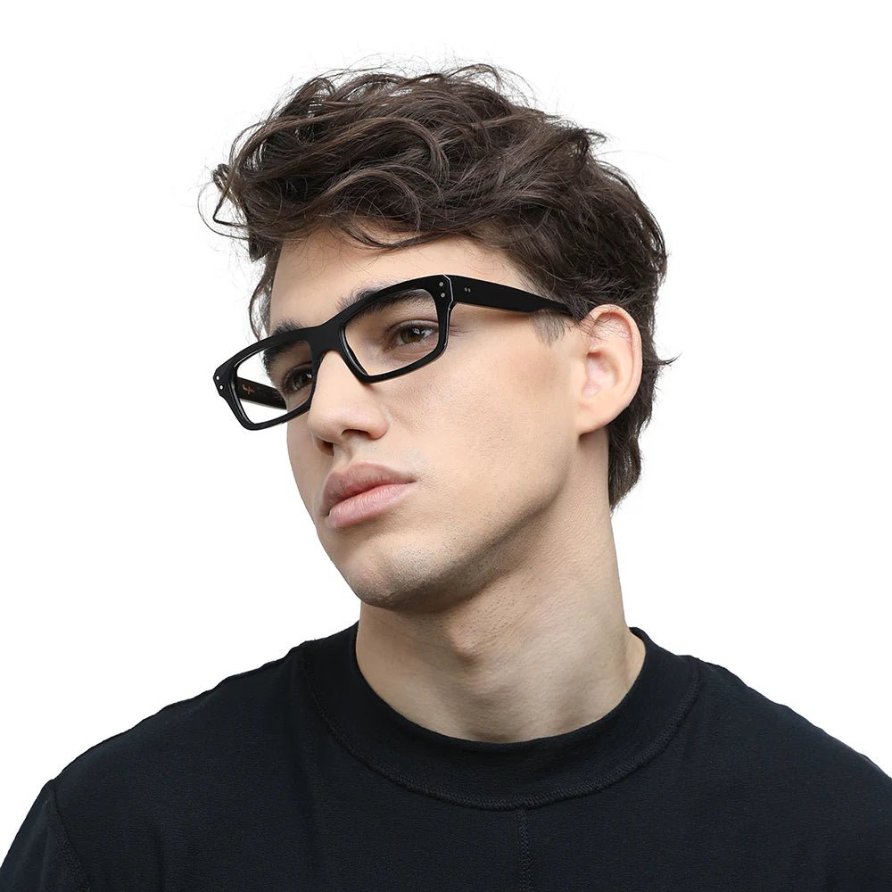 A pair of black Holly eyeglasses with a rectangular frame design, featuring a unique record exterior and Italian hinges.