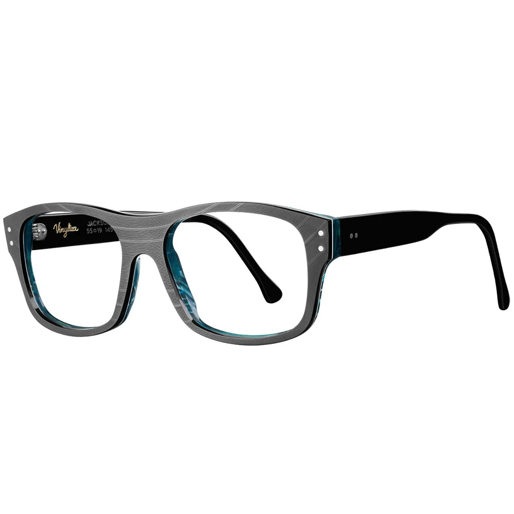 A pair of black Jackson sunglasses with blue accents on the arms and a record-inspired design on the frames.