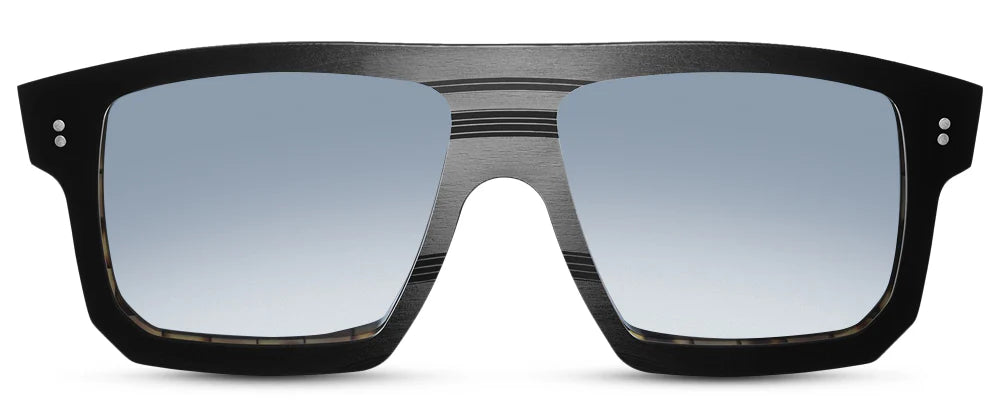 Black, large rectangular sunglasses with a metallic frame and clear lenses.