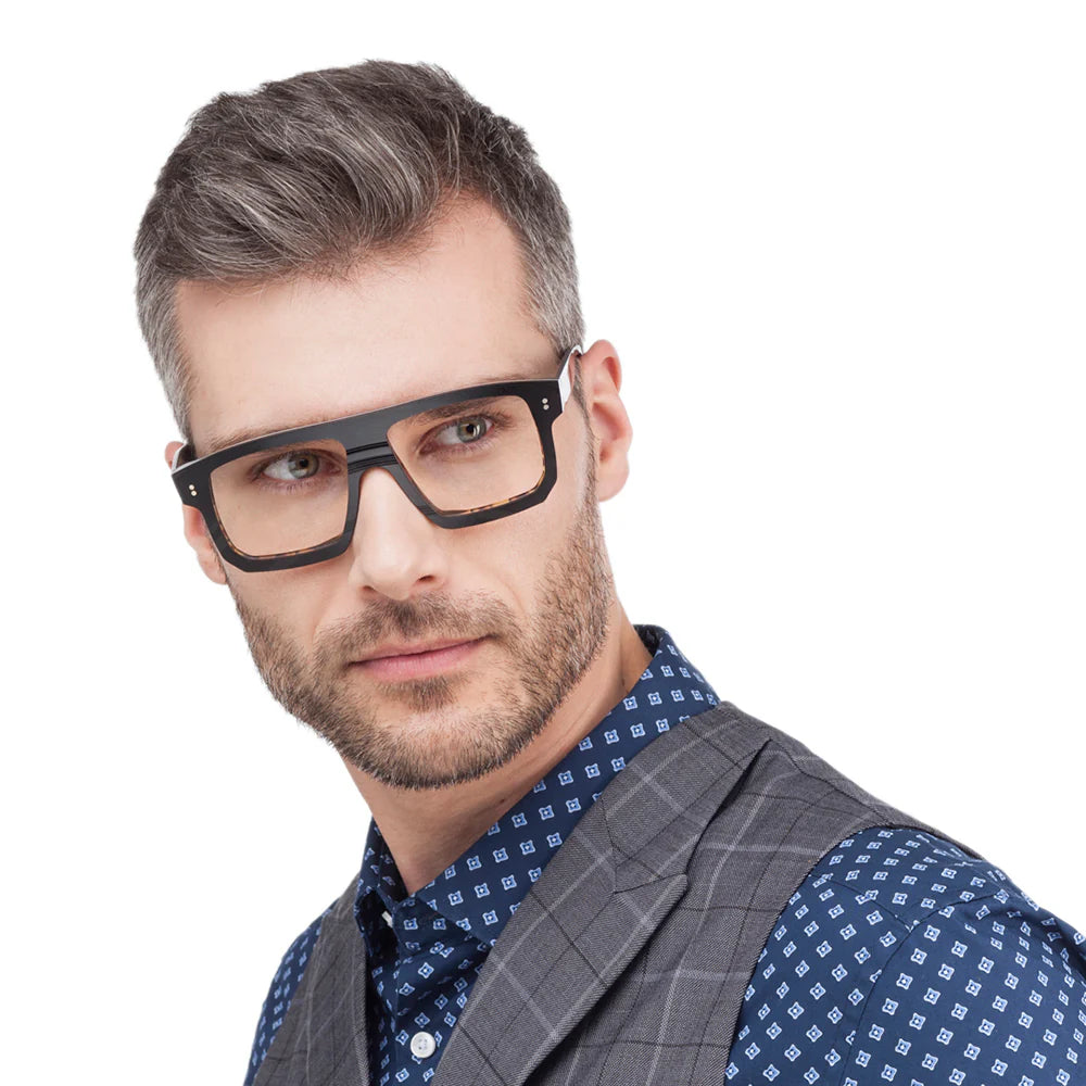 Black full-frame eyeglasses with a rectangular design, suitable for optical lenses or ready to wear as sunglasses.