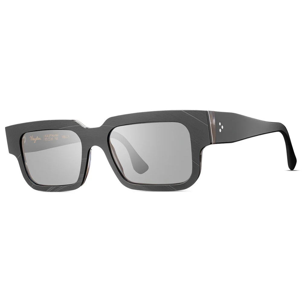 Black, rectangle-shaped eyeglasses with prominent temples and lenses that appear to be made of a durable material.