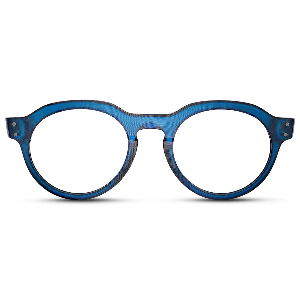 blue round full-frame eyeglasses with a keyhole bridge.