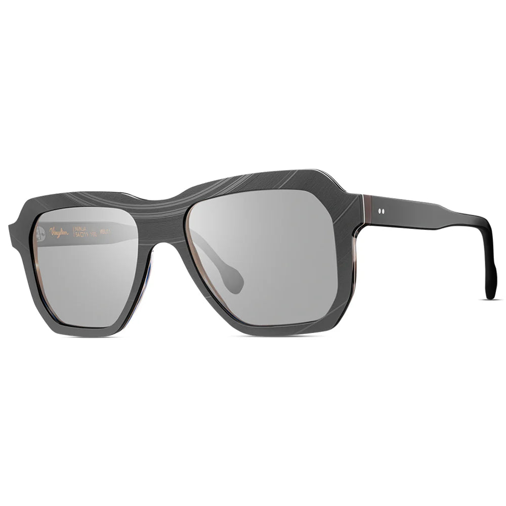 Black, square-shaped sunglasses with a textured exterior and metallic accents on the hinges.