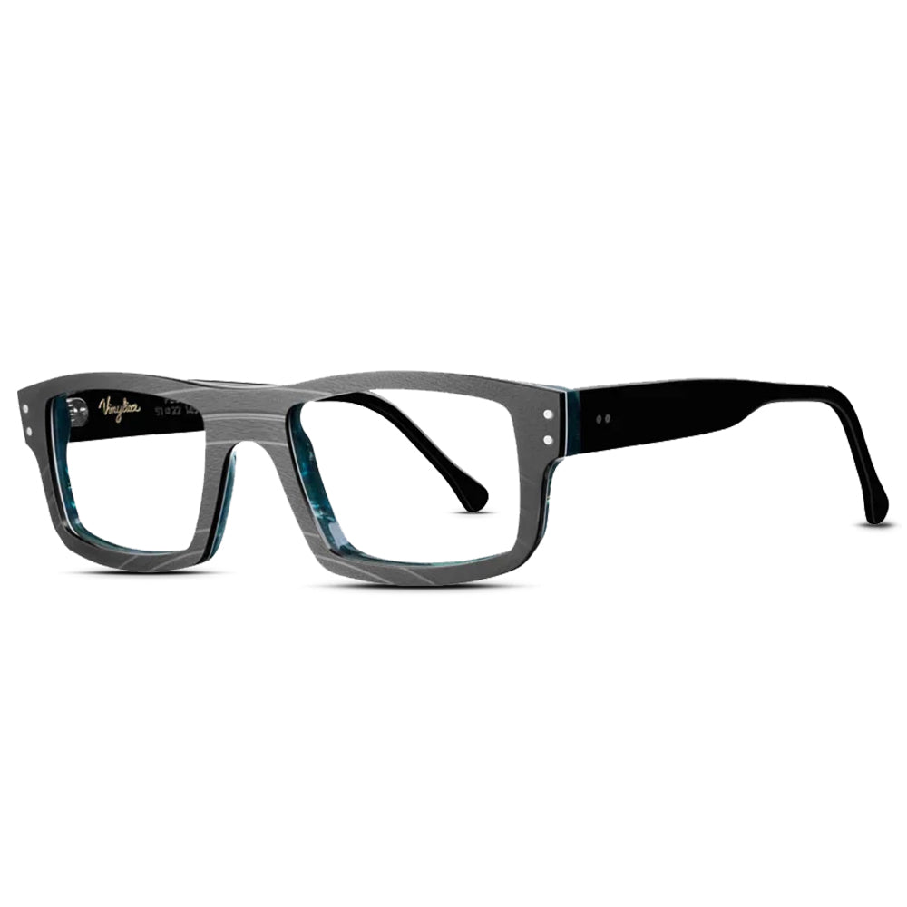 A pair of black rectangular sunglasses with a pattern that resembles a vinyl record texture.