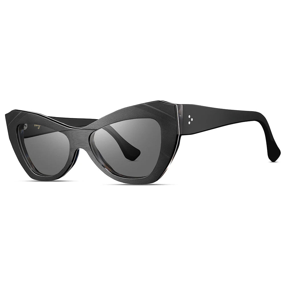A pair of black, cat eye sunglasses with a thick frame.