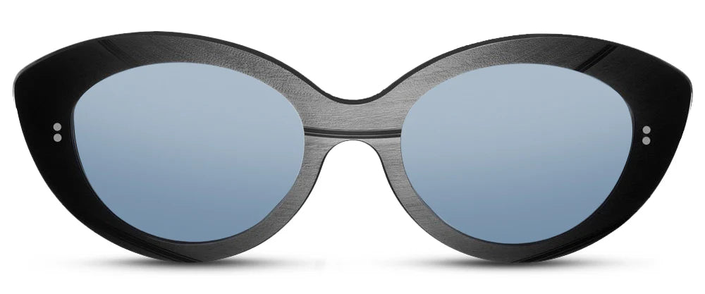 Black oval-shaped sunglasses with a record-inspired exterior.