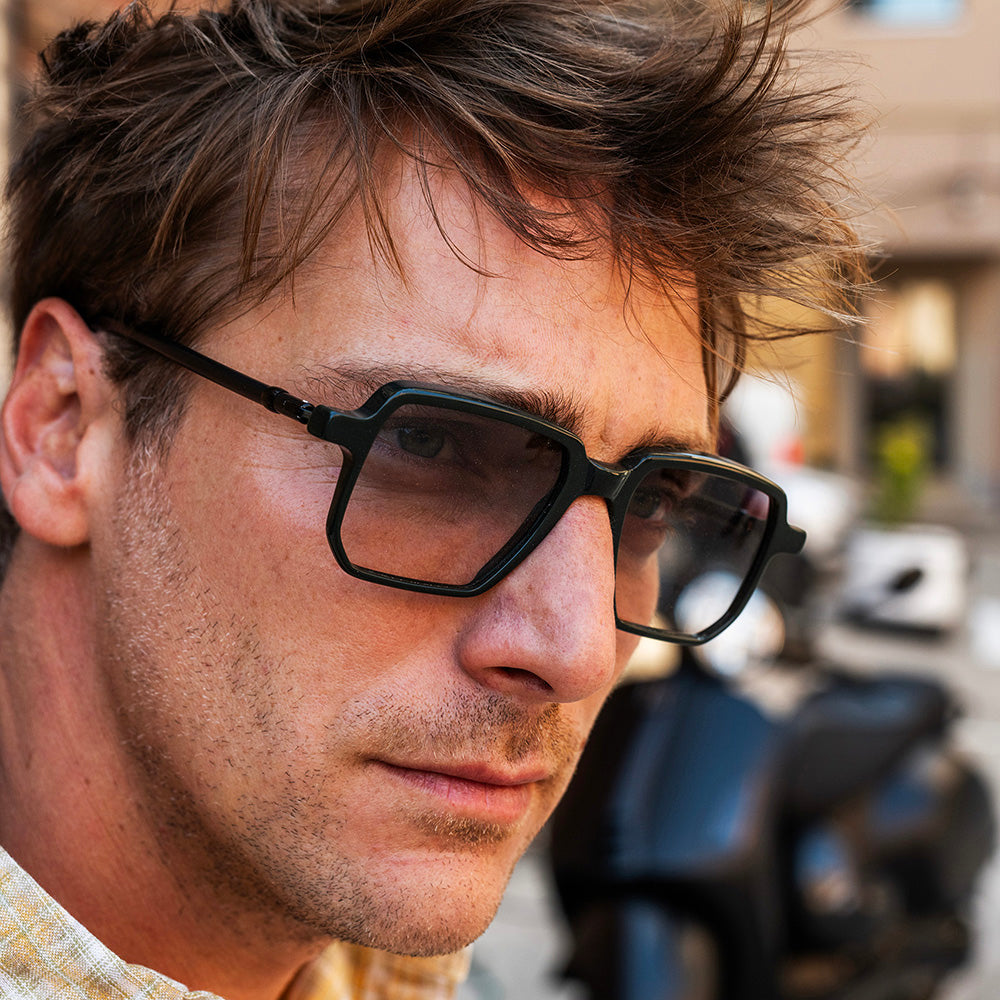 Bottechia features large lenses, and temples made from upcycled bicycle brake cables- Vinylize eyewear