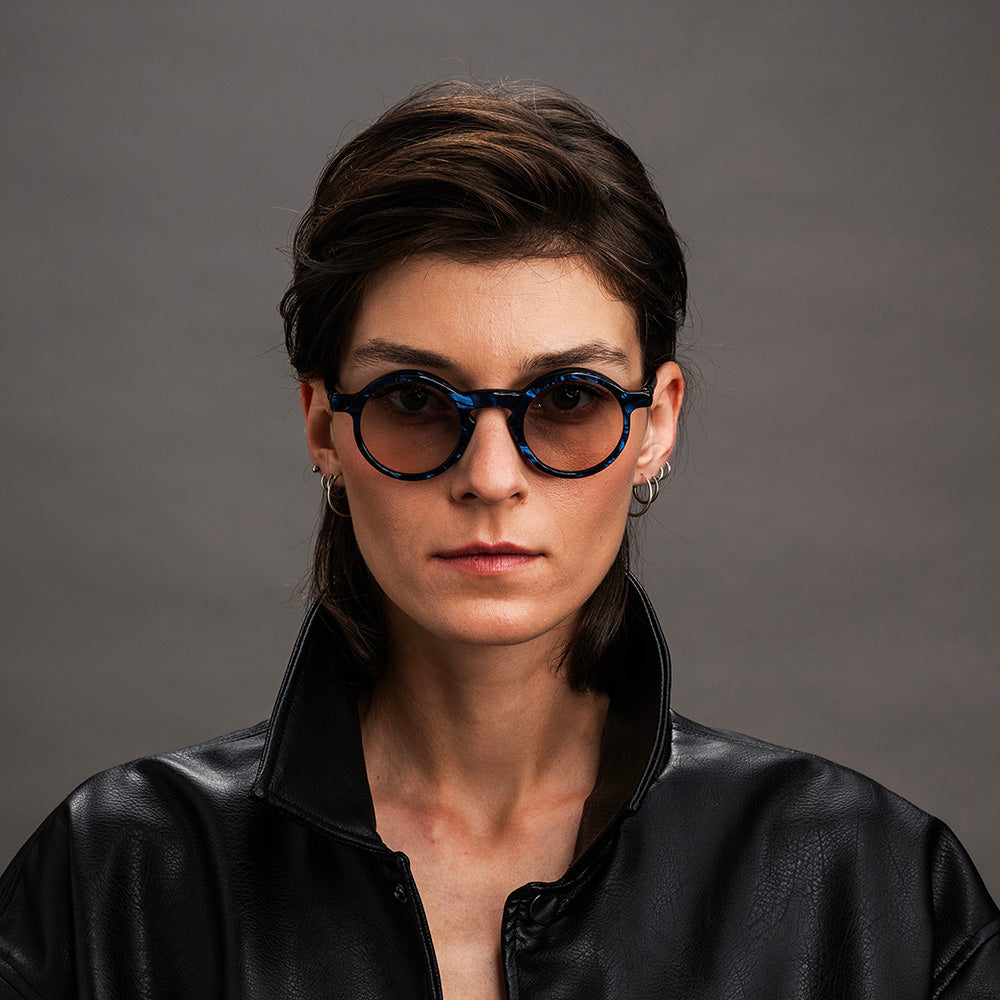Round blue eyeglasses - The unisex Aimo features large lenses, and temples -Vinylize eyewear
