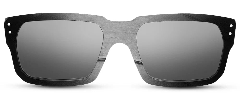 black, rectangular-framed sunglasses with clear lenses and metal hinges.
