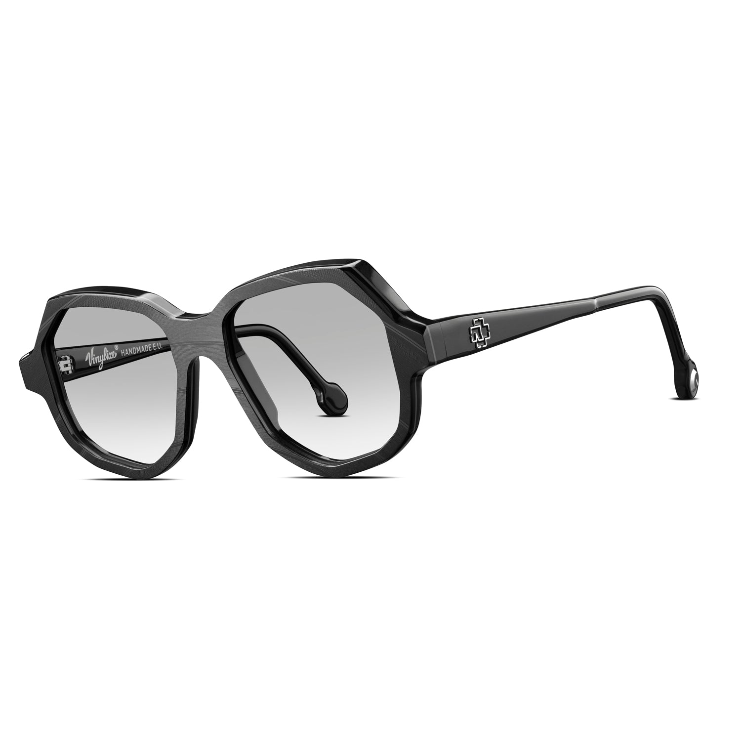 Black Vinylize Rammstein sunglasses with a reflective lens on a white background