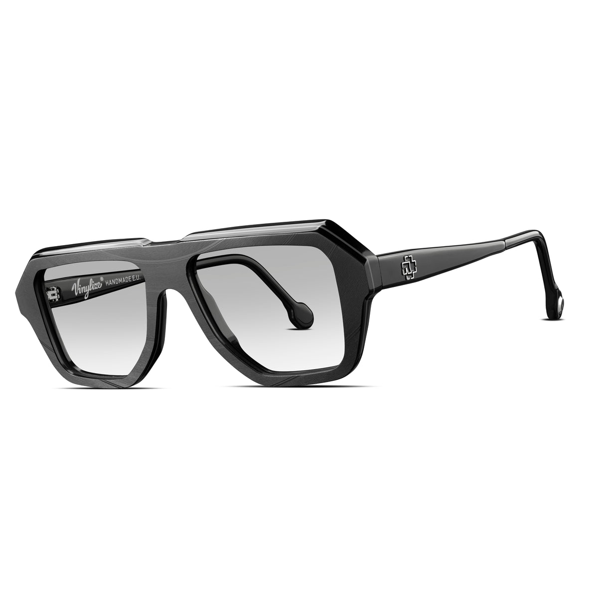 Black Vinylize Rammstein sunglasses with a clear lens on a white background
