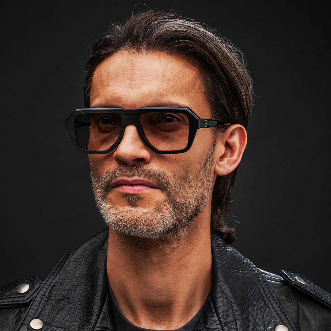 Black Vinylize Rammstein sunglasses with a clear lens on a white background