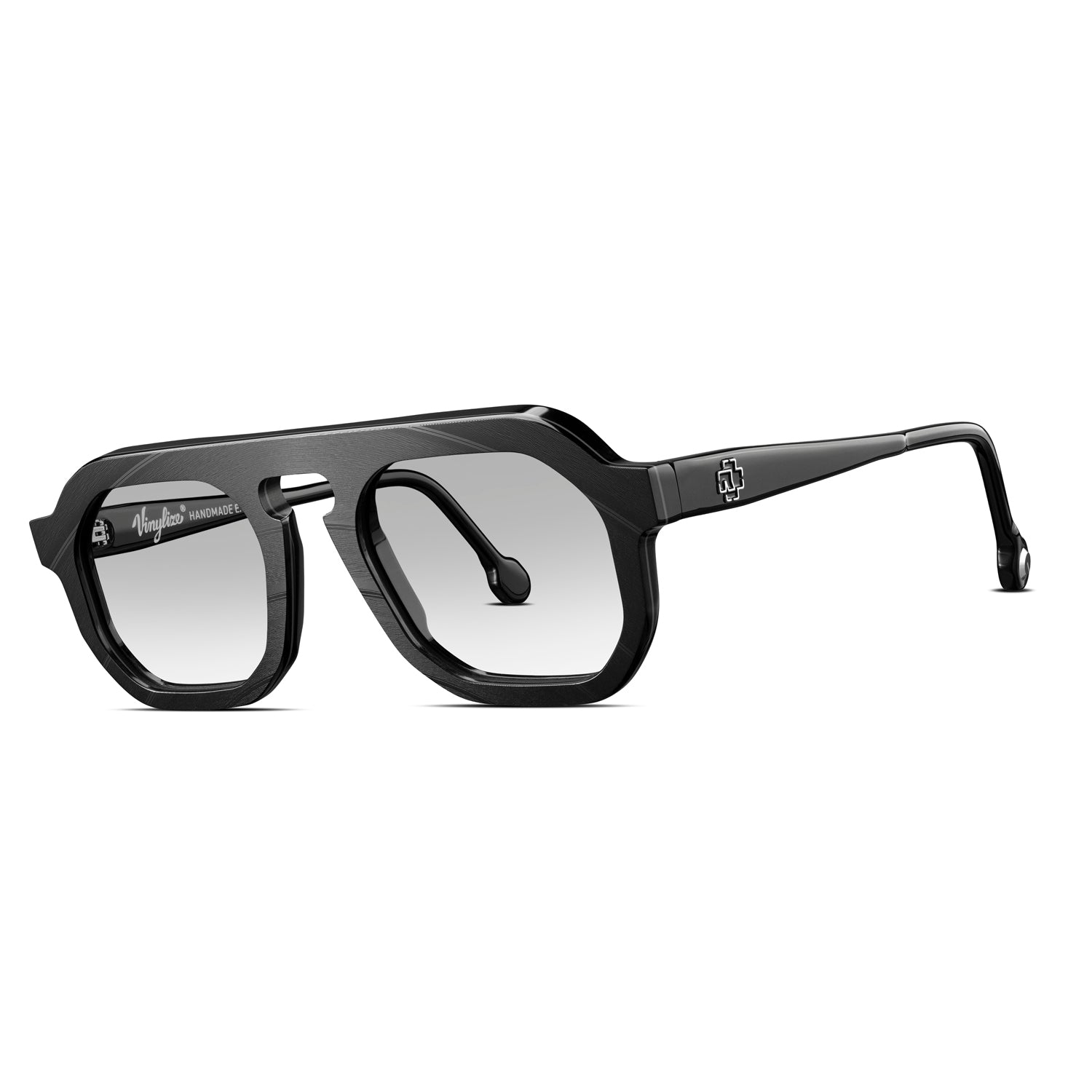 Black Vinylize Rammstein sunglasses with reflective lenses on a white background