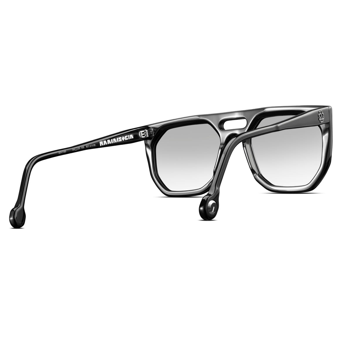 back shot of sunglasses with a black Vinylize Rammstein frame and gradient lenses on a white background