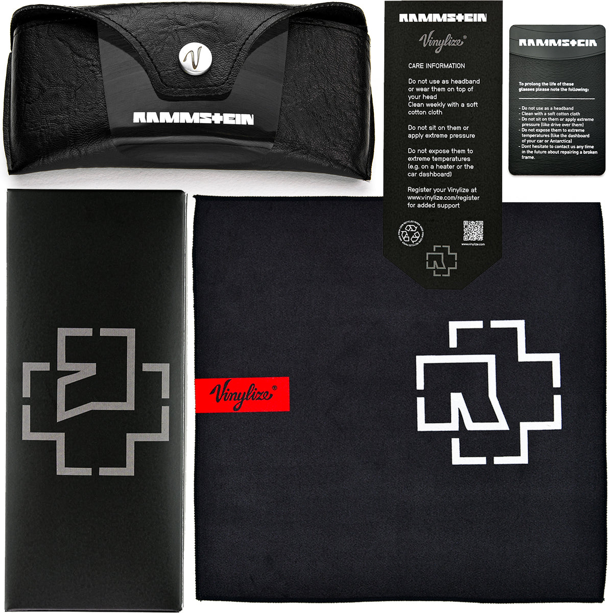 Black  accessories with Vinylize and Rammstein logo and care information card displayed.