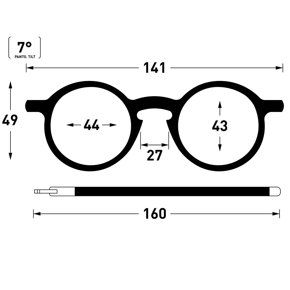 Illustration of eyeglasses with labeled dimensions on a white background