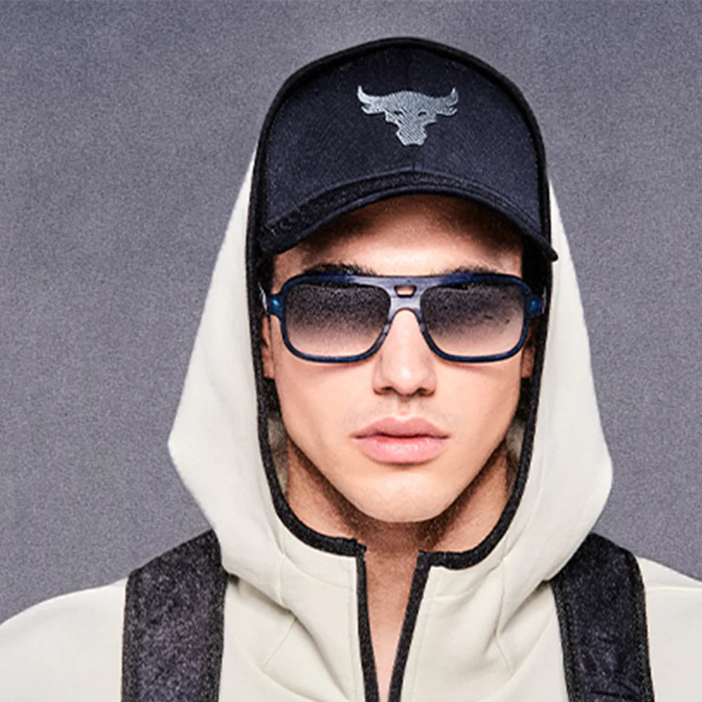 blue rectangular full-frame metal eyeglasses with a double bridge design.