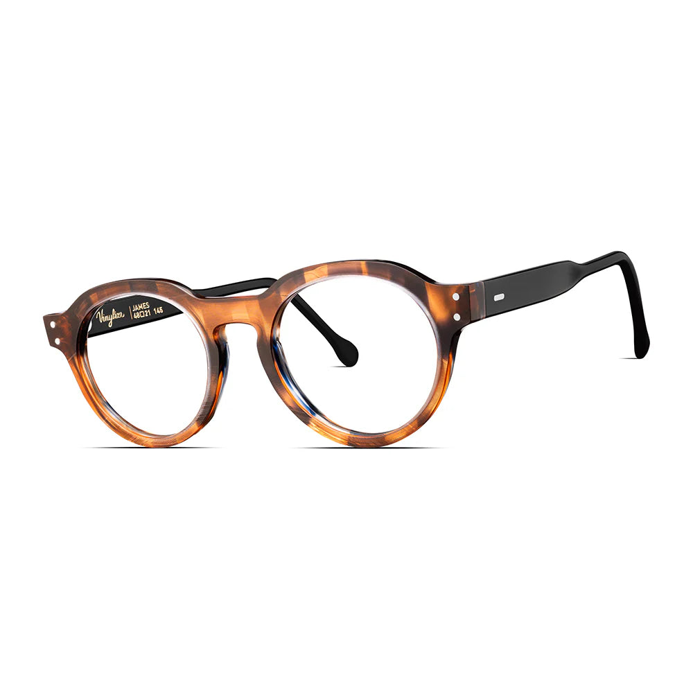 Round full-frame eyeglasses with a brown record-like texture and black accents on the arms.