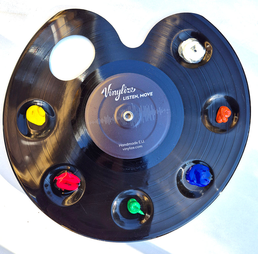 Paint palette crafted from upcycled vinyl record,Painting palette Perfect for mixing colors while painting each palette is unique due to recycled vinyl material.