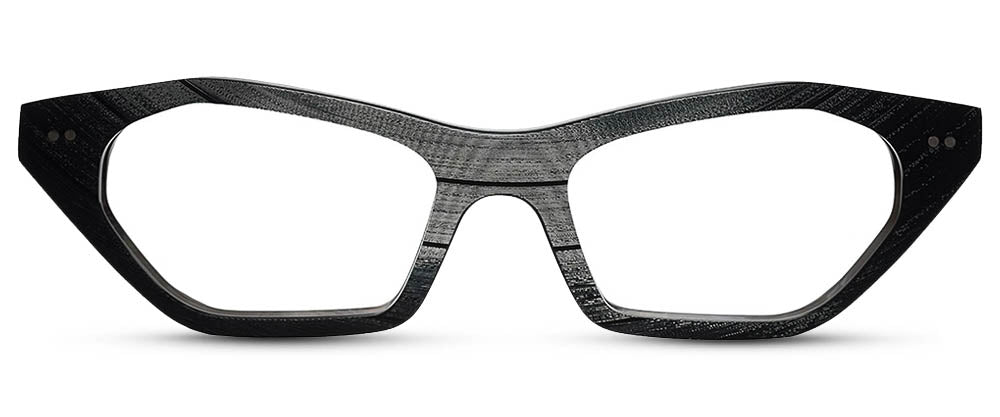 Black, geometric eyeglasses with a cat-eye shape, suitable for women.