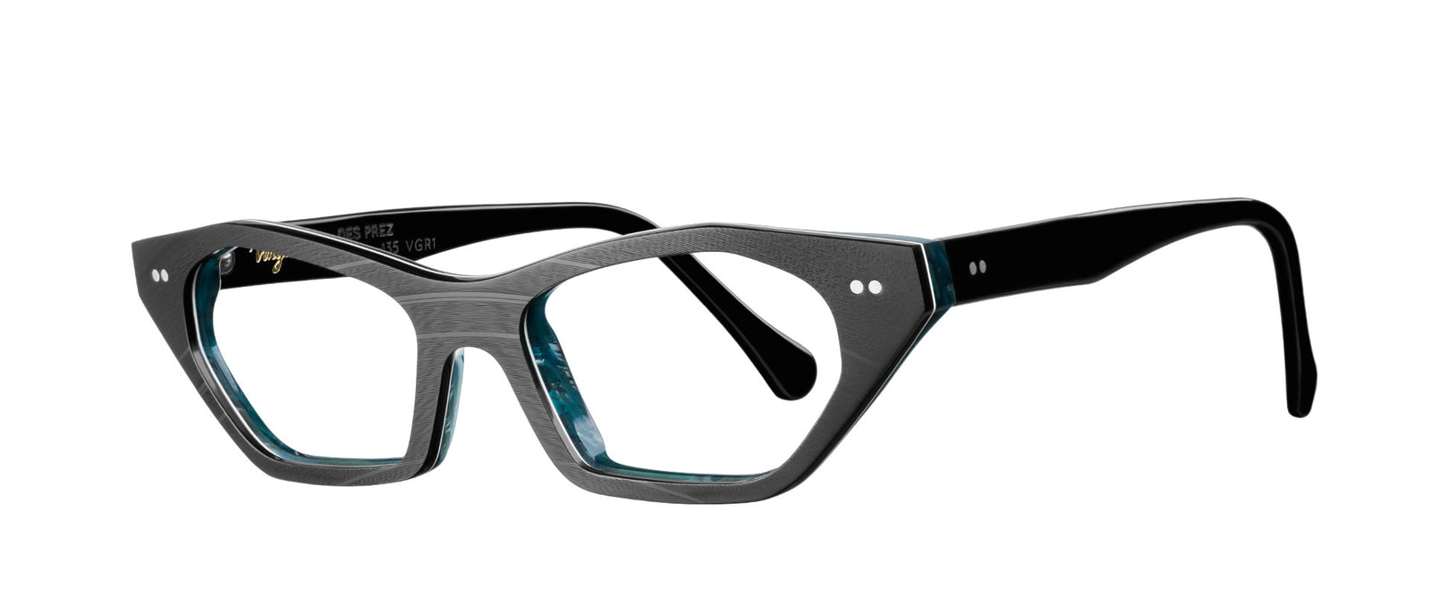 Black, geometric eyeglasses with a cat-eye shape, suitable for women.